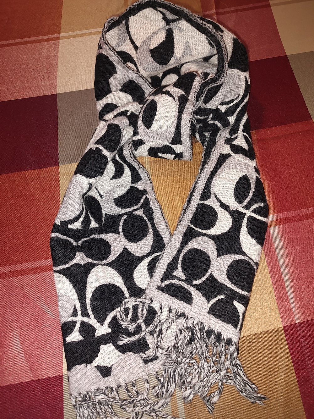 Coach Black and White Signature Logo Scarf with Fringe